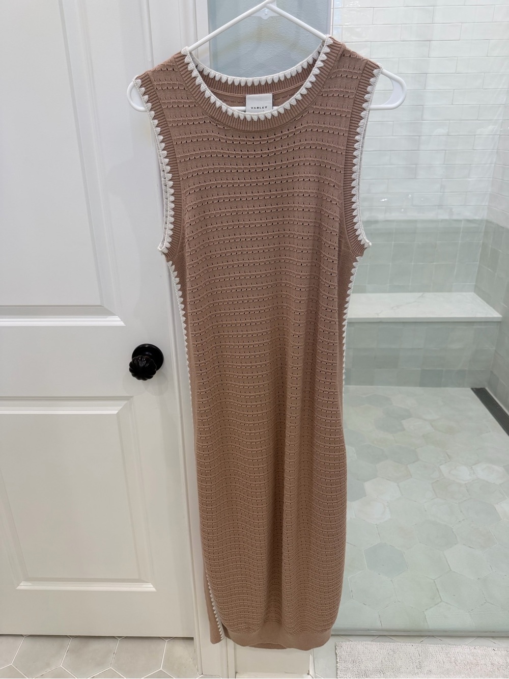 Varley Brown Knit Sleeveless Midi Dress with White Trim